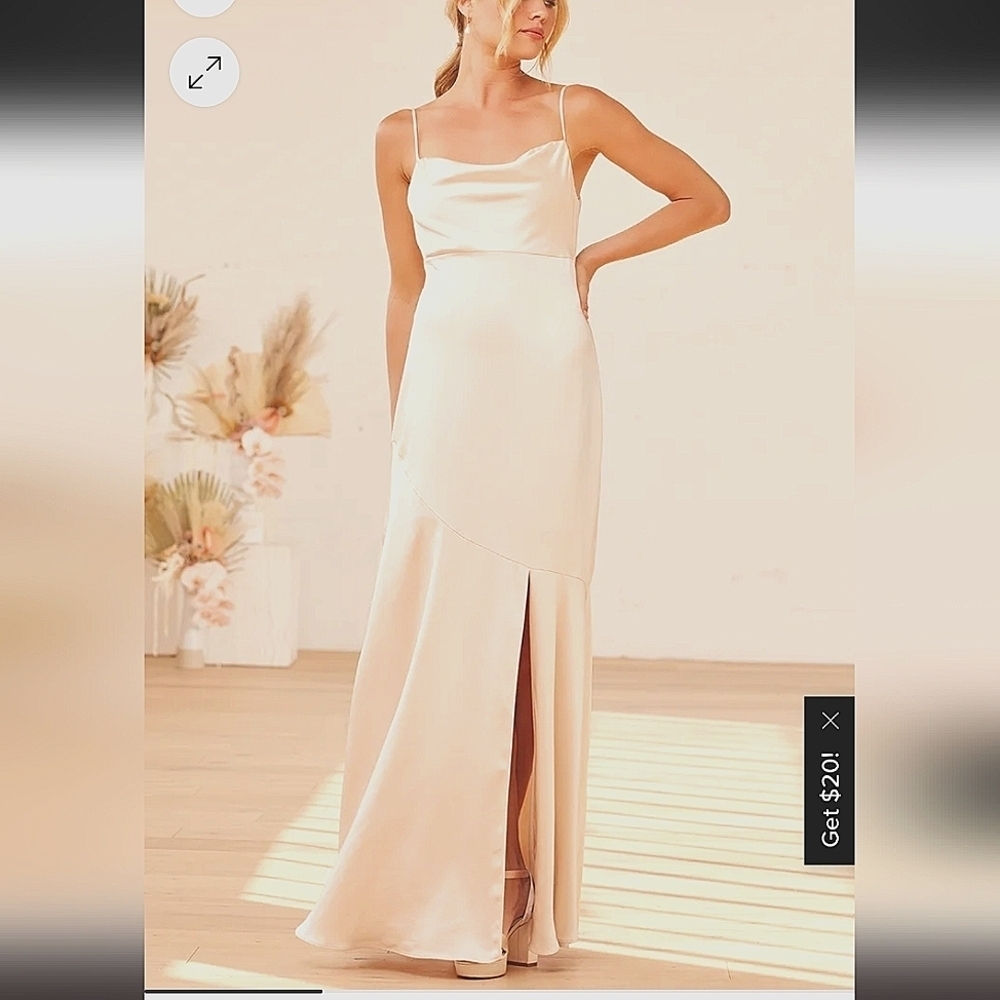 Lulu's Cream Satin Slip Dress Cowl Neck Maxi Dress Side Slit Adjustable Straps L